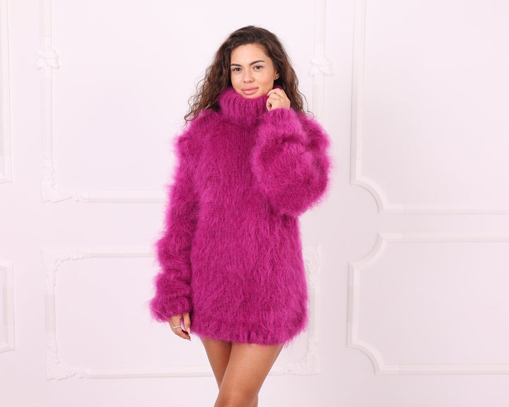 Pink fluffy mohair oversized sweater front full view