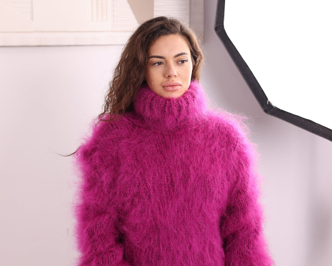Pink mohair turtleneck sweater back view