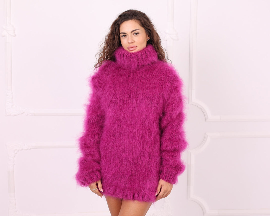 Pink fluffy mohair sweater portrait studio close-up