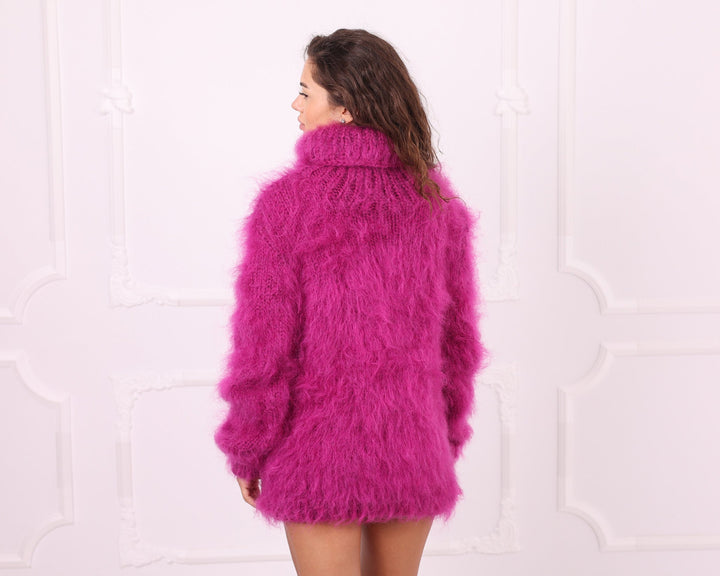 Pink mohair oversized turtleneck sweater front portrait