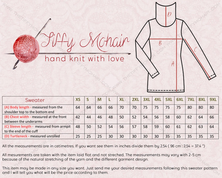 Tiffy Mohair sweater size chart and measurement guide