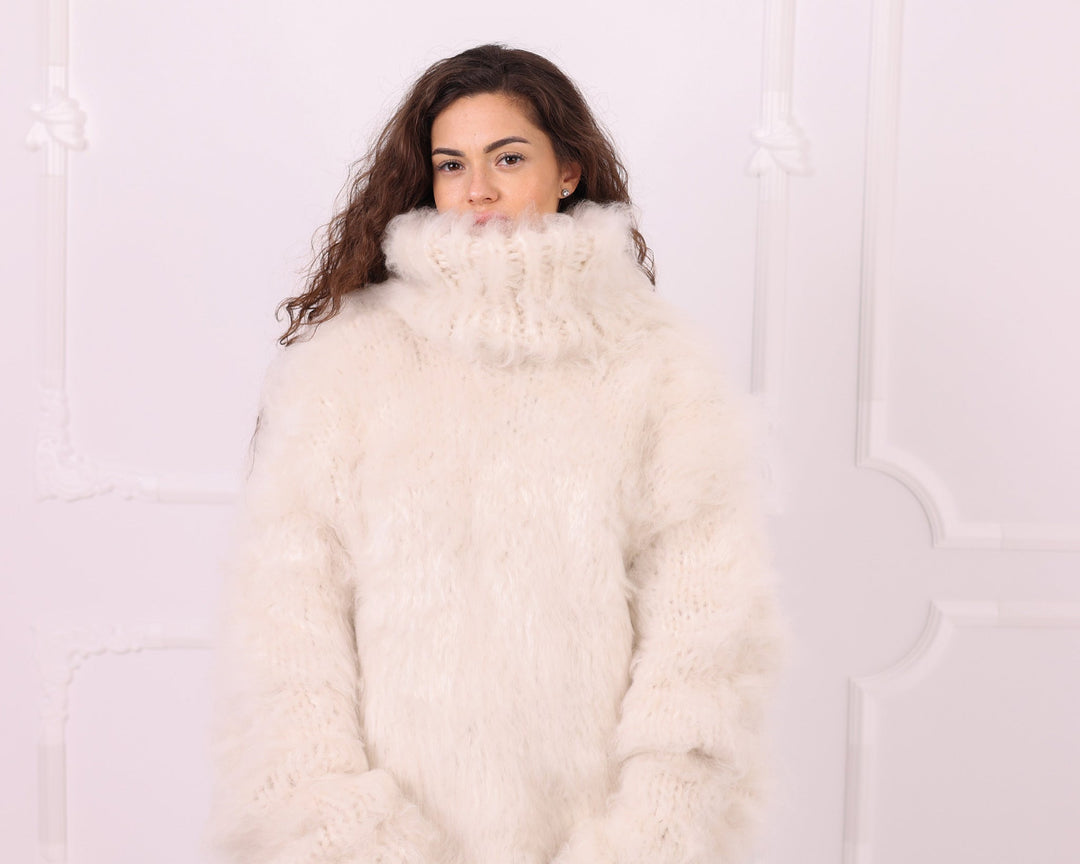 Cream fluffy long-haired alpaca turtleneck sweater front portrait