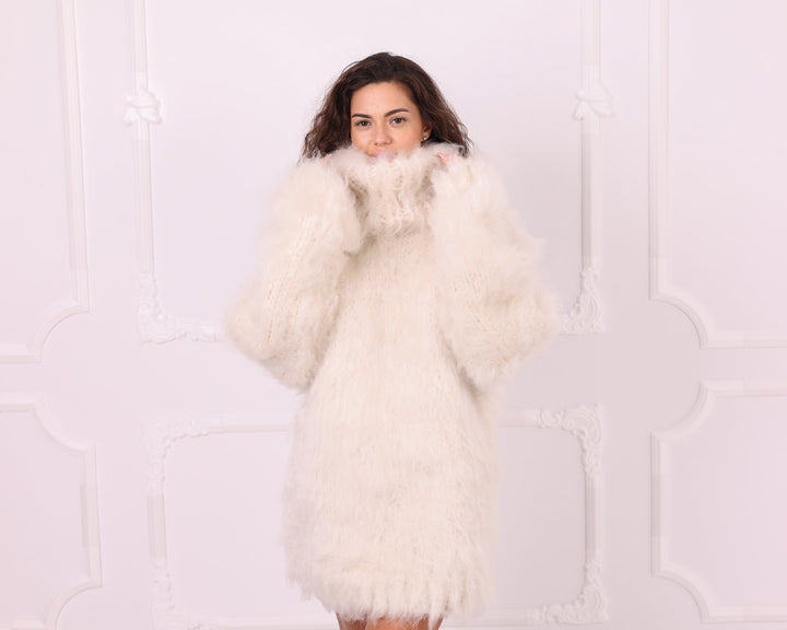 Cream long-haired alpaca oversized turtleneck sweater full front view