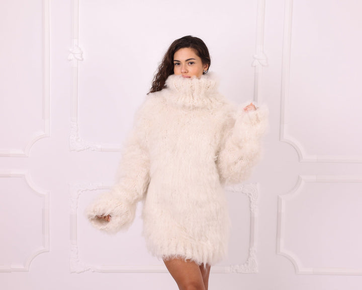 Cream long-haired alpaca oversized turtleneck sweater front pose