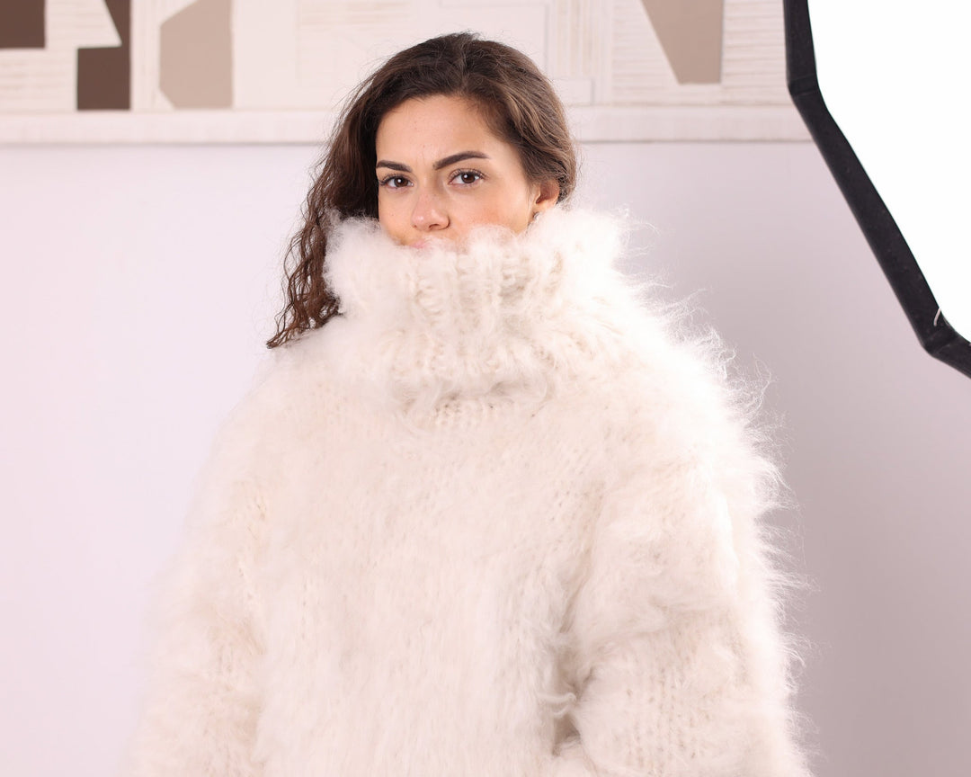 Cream long-haired alpaca oversized turtleneck sweater full front pose