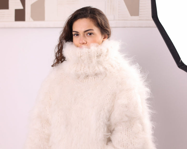 Cream long-haired alpaca oversized turtleneck sweater full front pose
