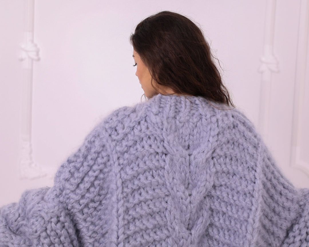 Gray chunky mohair cable sweater back detail close up