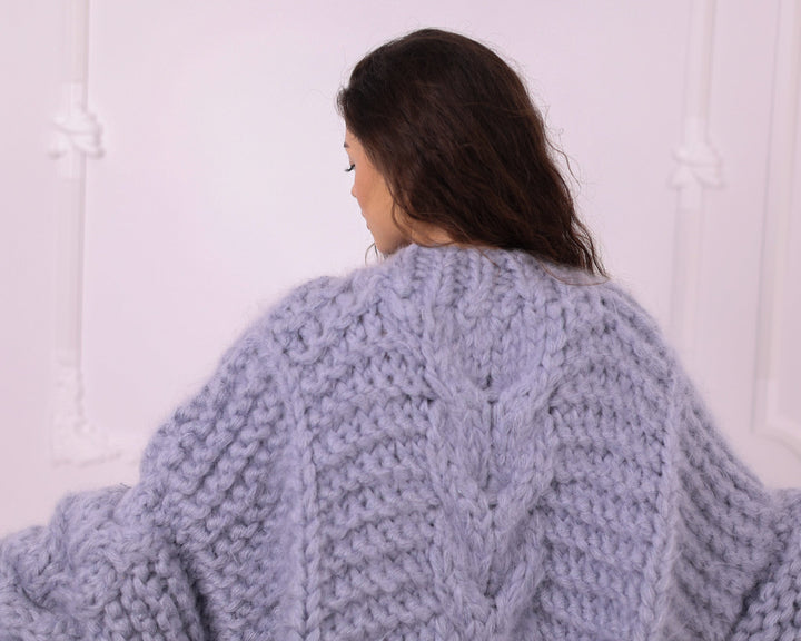 Gray chunky mohair cable sweater back detail close up