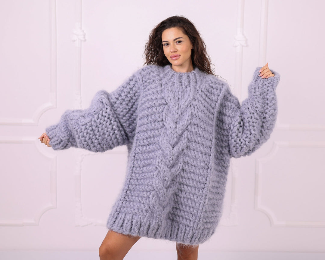 Gray oversized chunky mohair cable crewneck sweater front