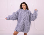 Gray Chunky Mohair Cable Oversized Crewneck Sweater T2350
