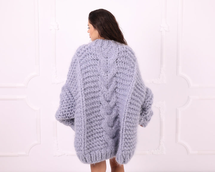 Gray chunky mohair oversized cable sweater back view