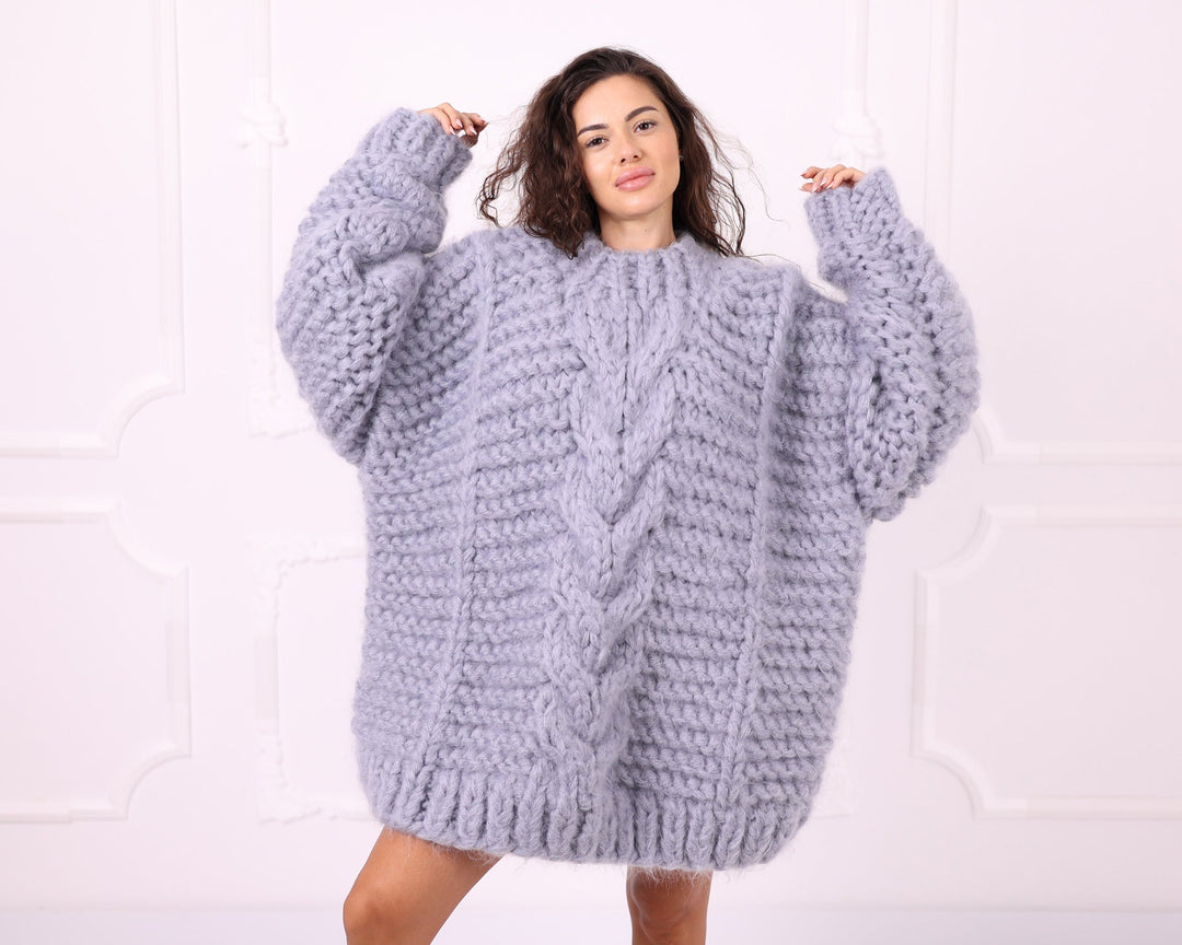 Gray oversized cable knit mohair sweater front pose