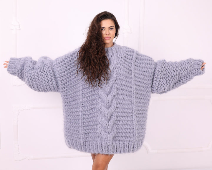 Gray extra oversized chunky mohair cable sweater wide sleeves