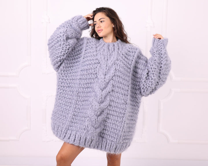 Gray oversized chunky cable mohair sweater front with wide sleeves