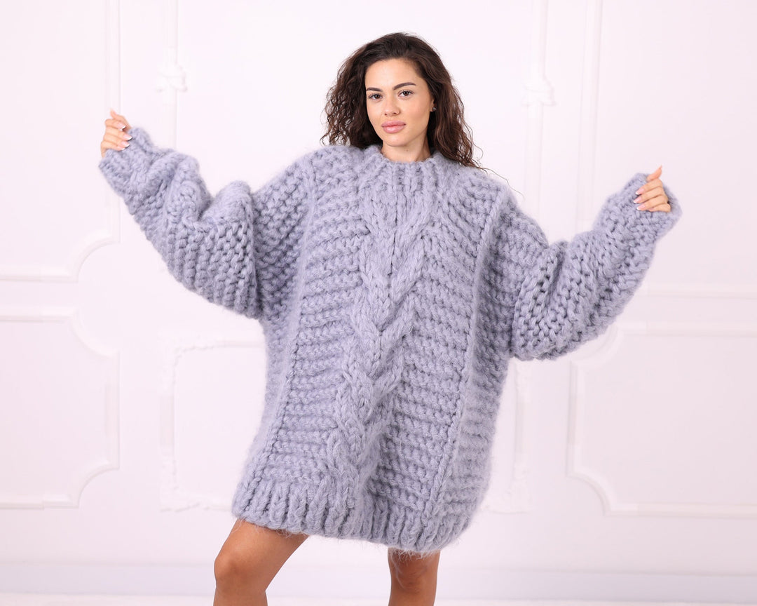 Gray oversized cable knit mohair sweater front view