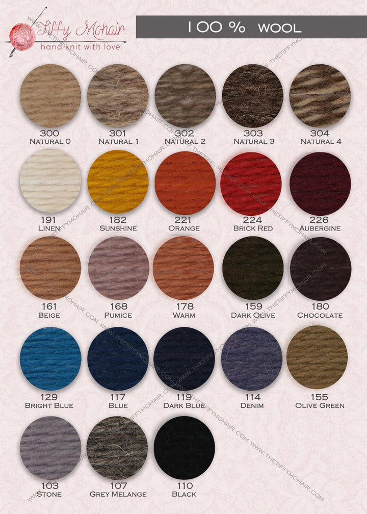 100 percent wool color chart for available yarn shades