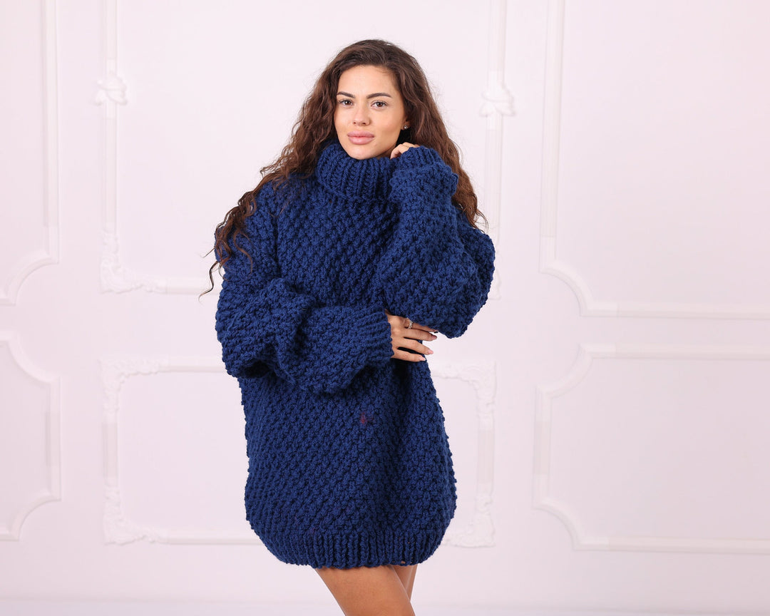 Blue chunky wool oversized turtleneck sweater front pose