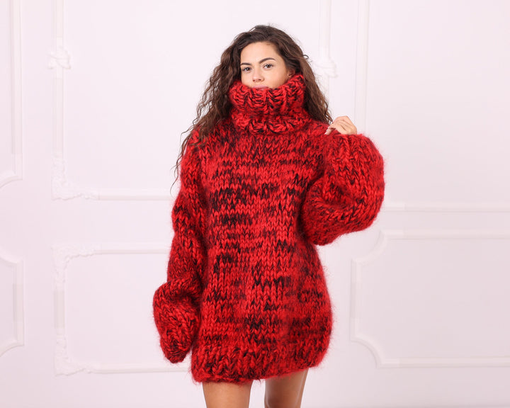 Red and black melange chunky mohair oversized turtleneck sweater front view