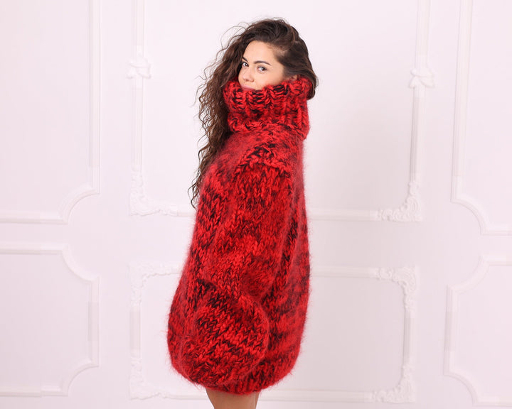 Red black melange mohair oversized turtleneck sweater side view