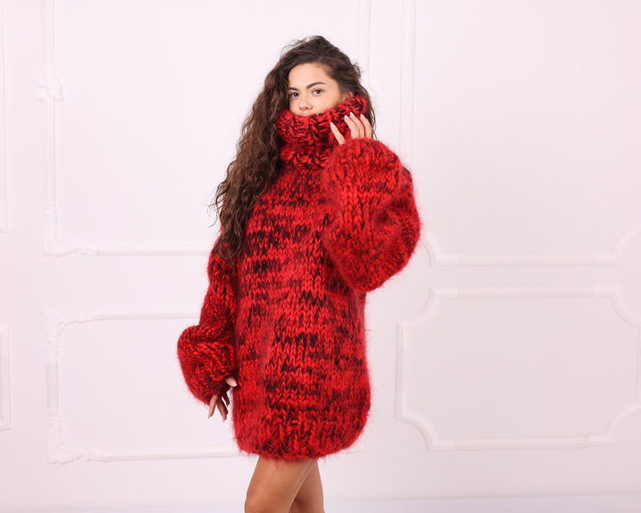 Red black melange fluffy mohair oversized sweater front pose