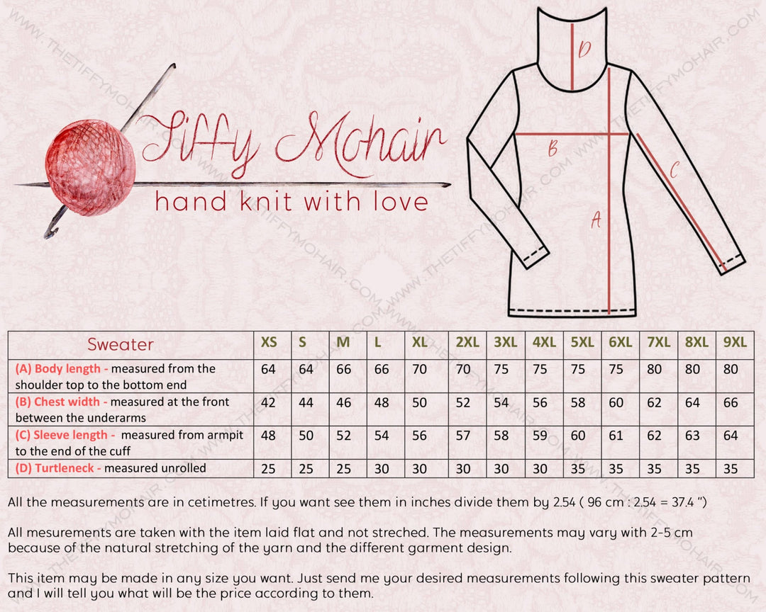 Sweater size chart for Tiffy Mohair custom sizing