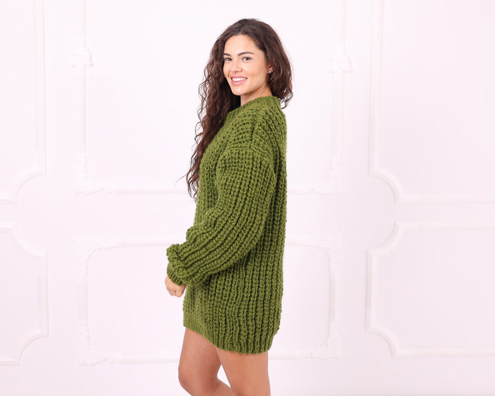 Green chunky wool oversized sweater side view
