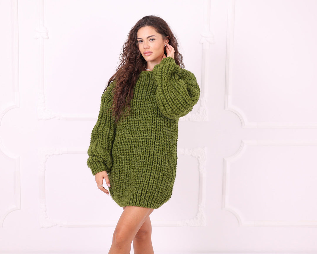 Green oversized wool sweater full front view