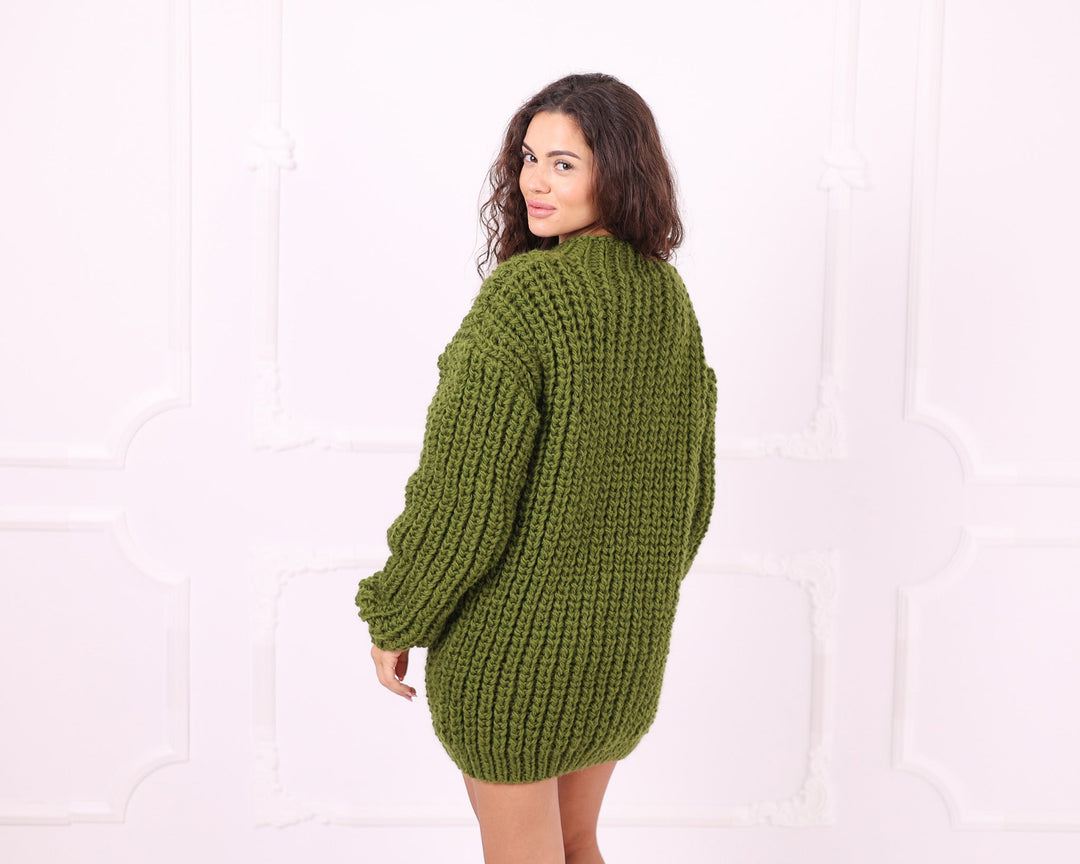 Green chunky wool oversized sweater back view
