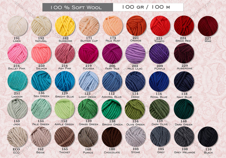 100% soft wool color chart for available yarn shades
