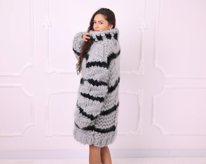 Gray and black chunky mohair striped turtleneck sweater side view