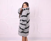 Gray and Black Chunky Mohair Striped Turtleneck Sweater T2354