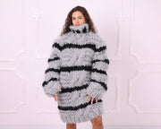 Gray and Black Chunky Mohair Striped Turtleneck Sweater T2354