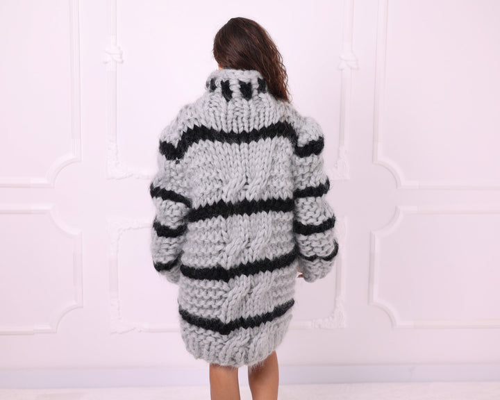 Gray and black striped chunky mohair sweater back view