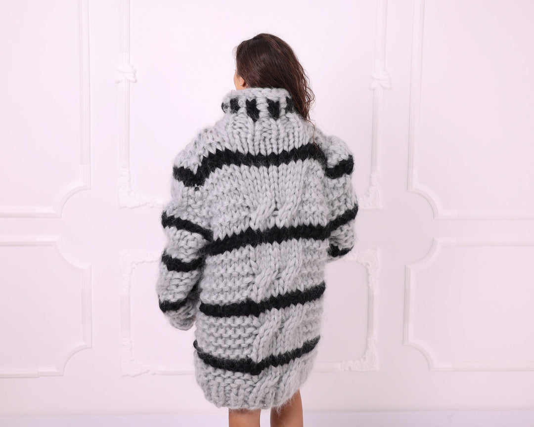 Gray black chunky mohair sweater back three quarter view