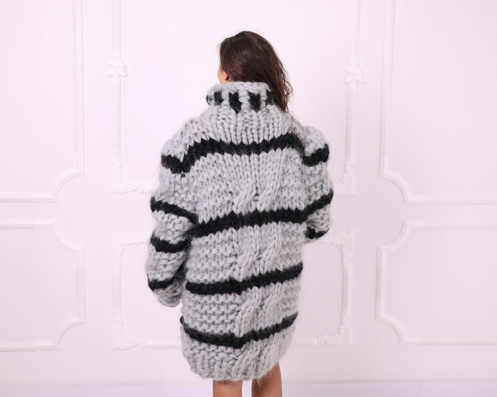Gray black chunky mohair sweater back three quarter view