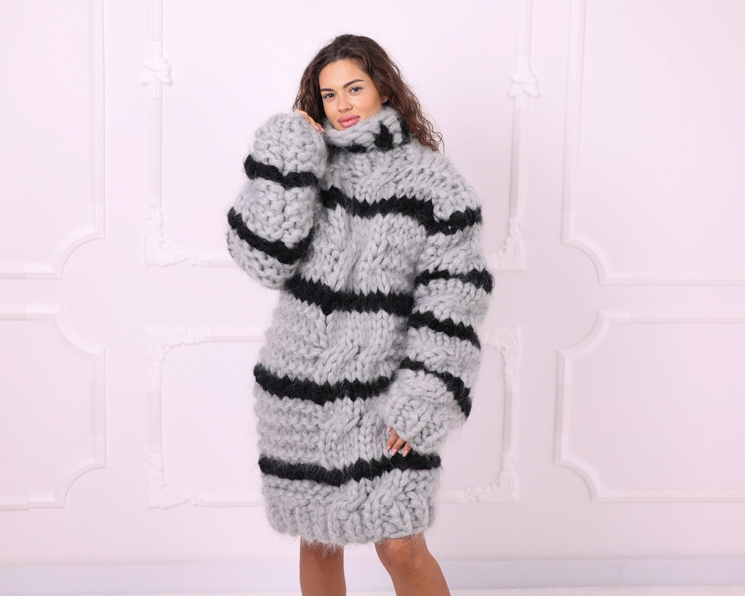 Gray black striped chunky mohair oversized sweater front pose