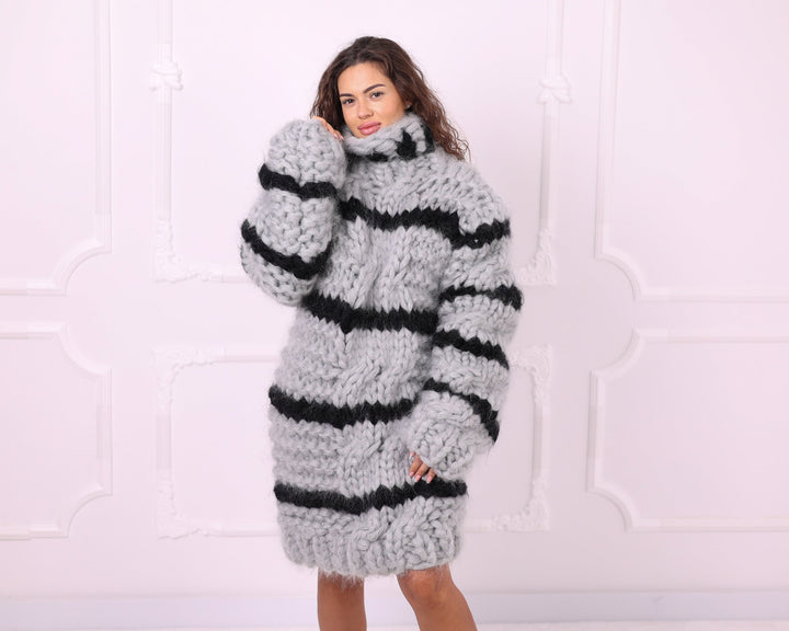 Gray black striped chunky mohair oversized sweater front pose