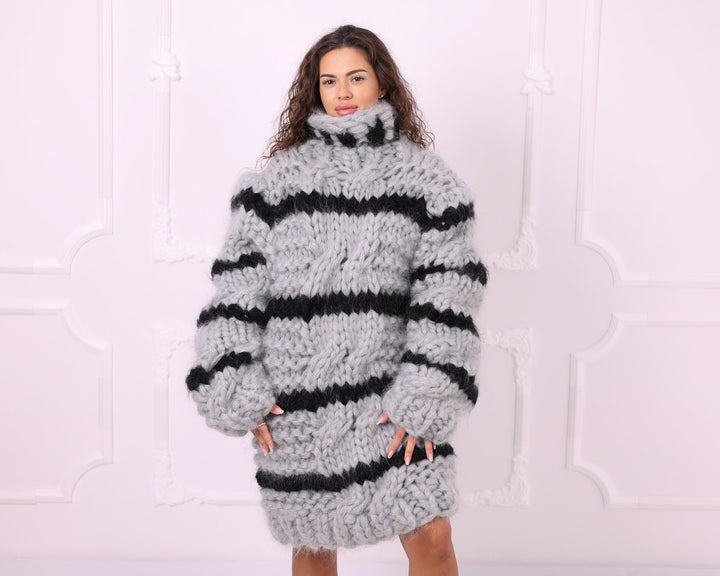 Gray and black chunky mohair striped sweater front view