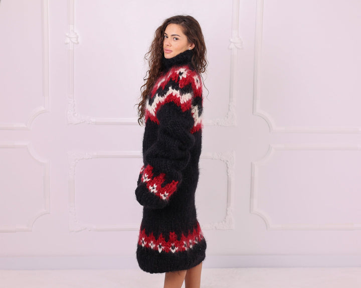 Black red and cream mohair Nordic turtleneck sweater dress side view