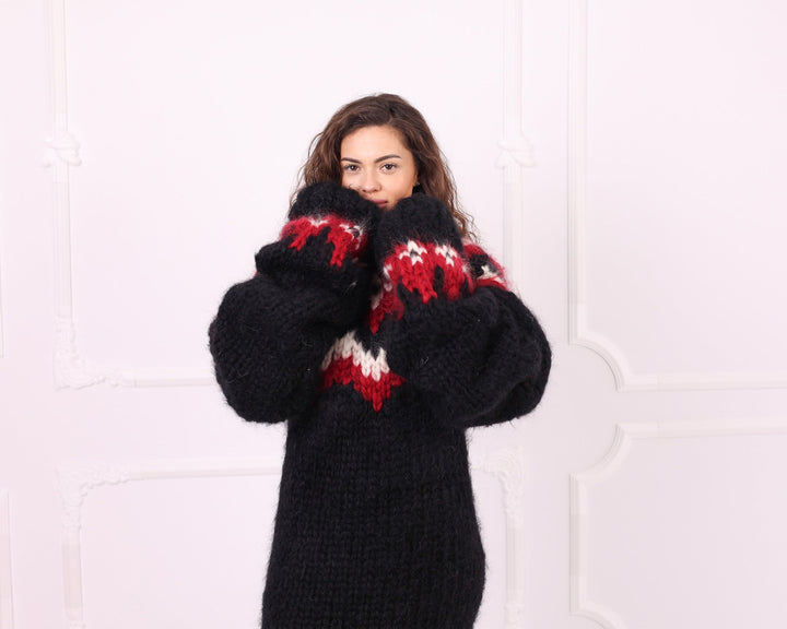 Black multicolour mohair sweater dress sleeve and yoke detail