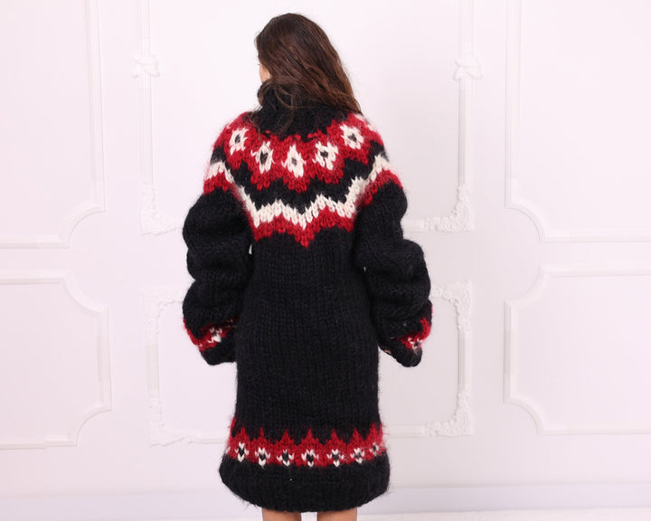 Black red and cream mohair sweater dress back view
