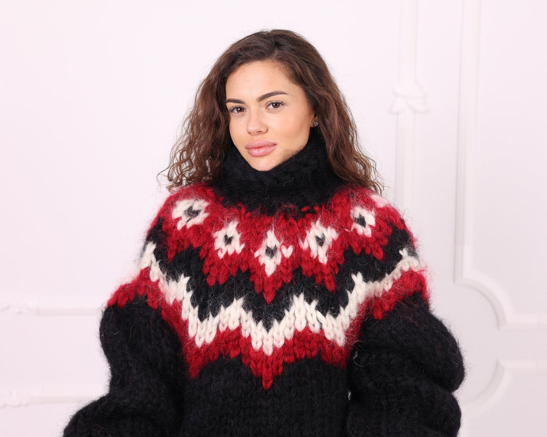 Multicolour mohair Nordic turtleneck dress front detail