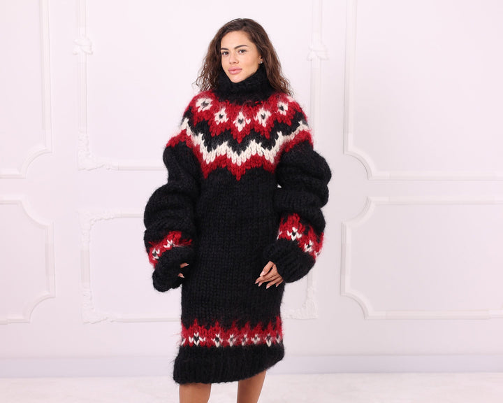 Black red and cream mohair turtleneck sweater dress front view