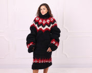 Black Red White Mohair Nordic Turtleneck Sweater Dress T2355