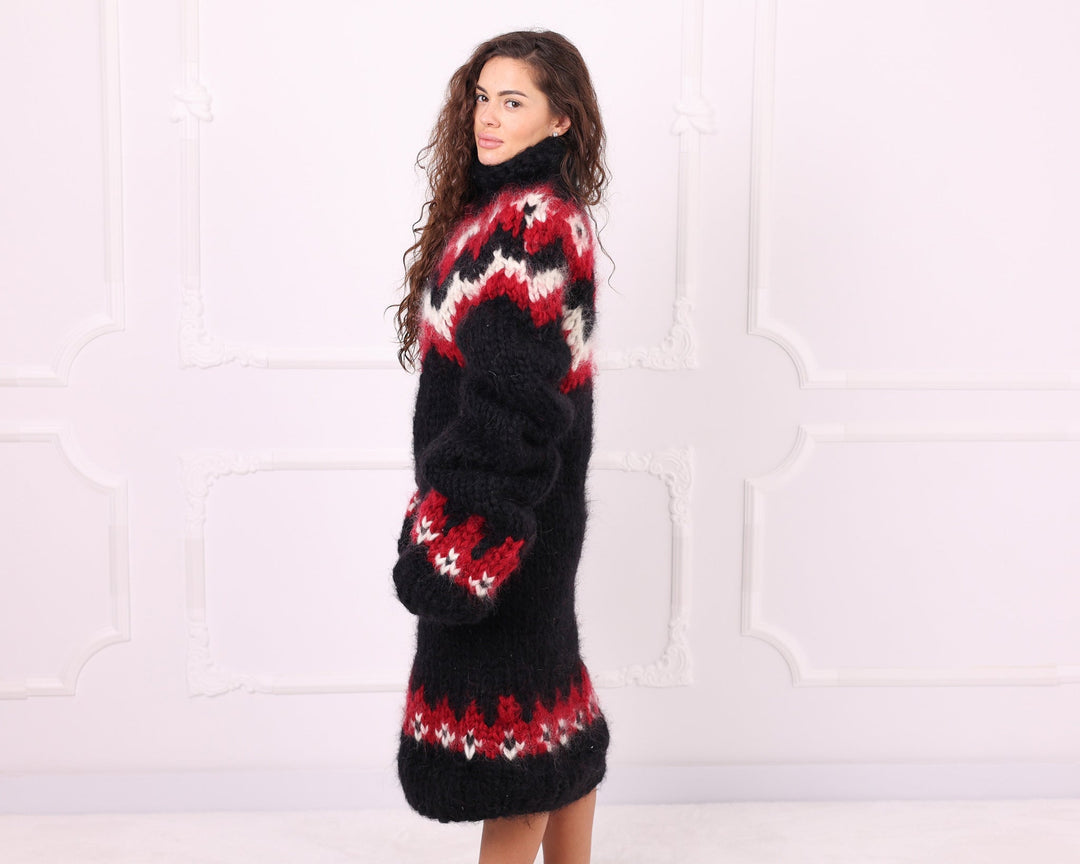 Black red and cream mohair oversized sweater dress side view