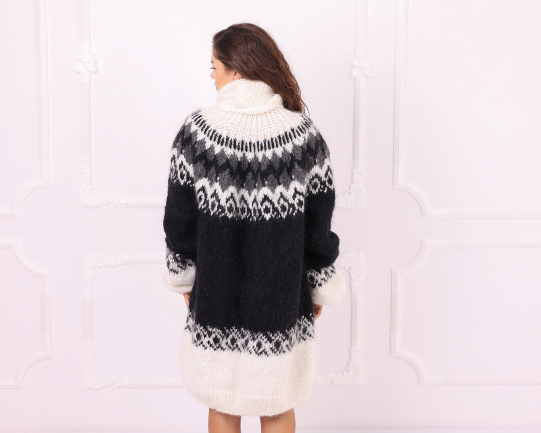 Black and white mohair Nordic turtleneck sweater back view