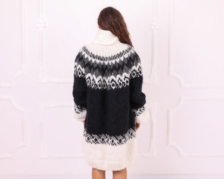 Black and white Nordic mohair sweater rear full view