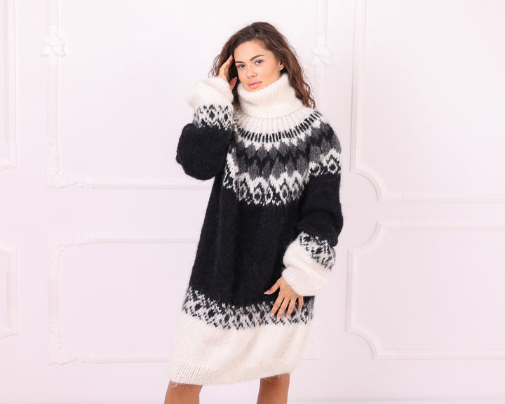 Black and white Nordic mohair sweater front three quarter view
