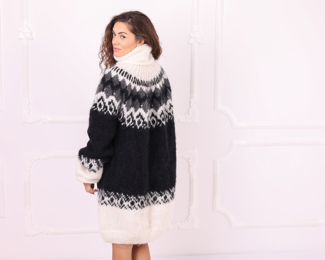 Black white Nordic mohair sweater side back view