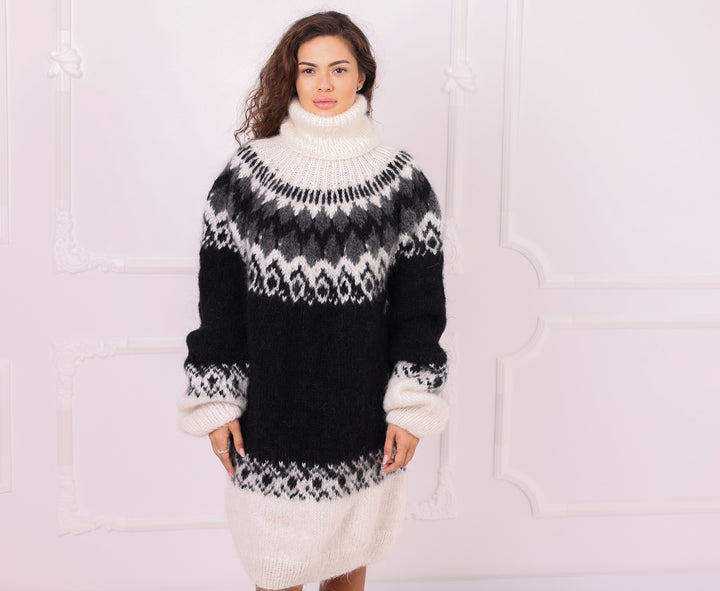 Black and white mohair turtleneck sweater full front view